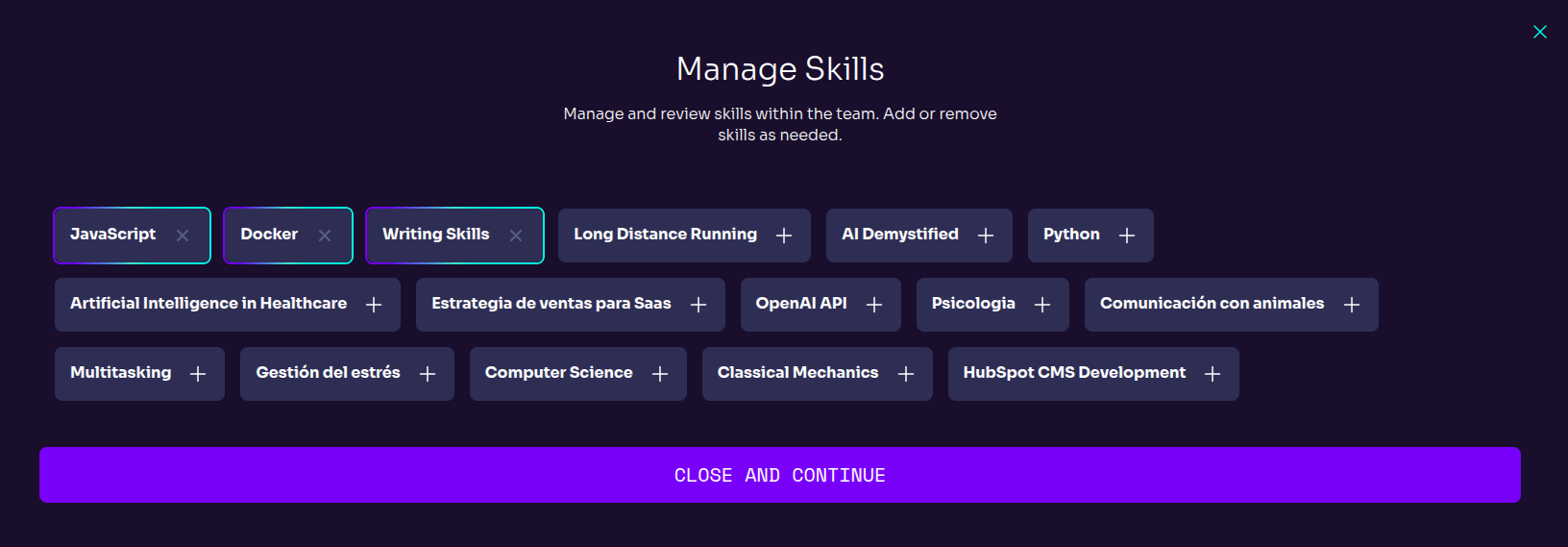 Manage Skills Pop-up