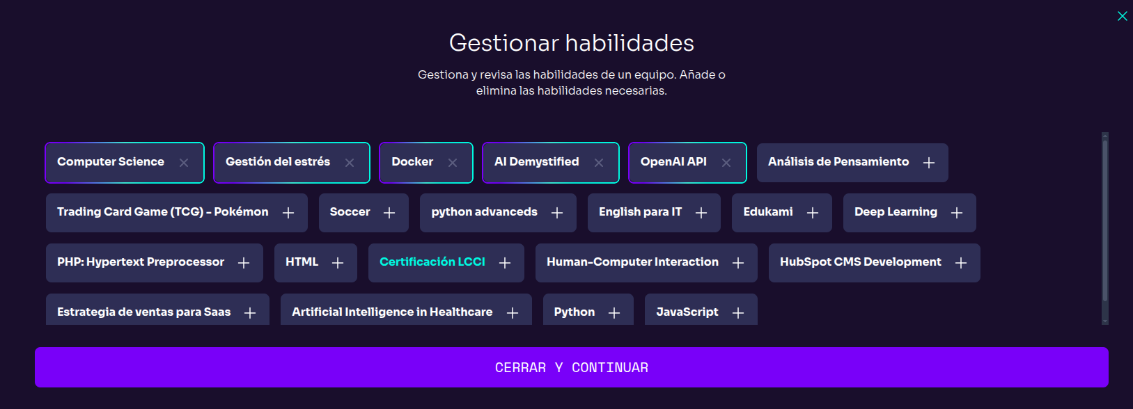 Manage Skills Pop-up
